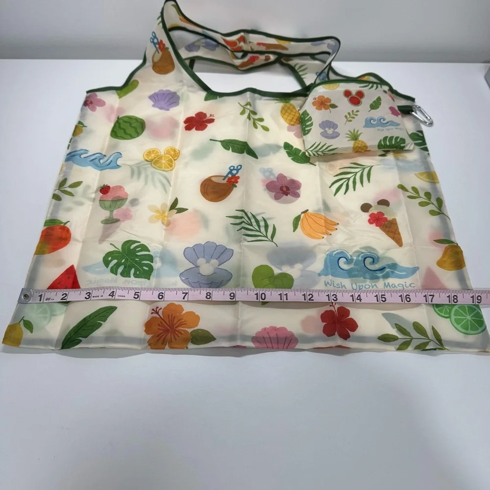 Reusable Packable Tote Bag In Pouch Seashells Palm Leaves Flowers Travel